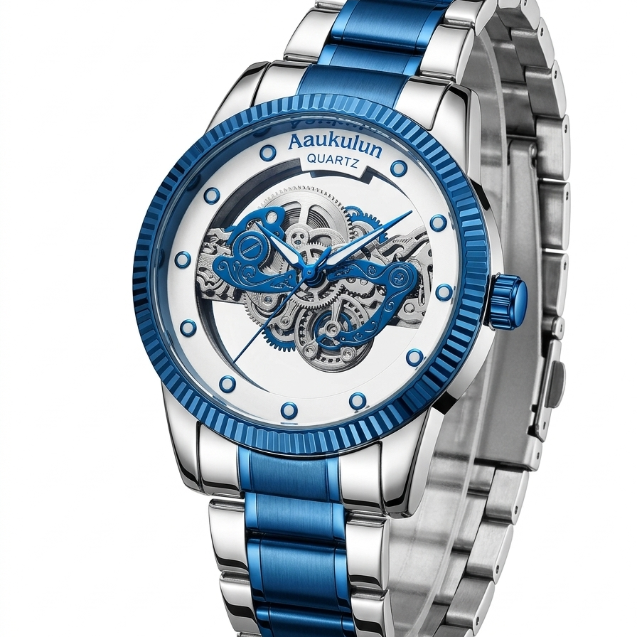 Luxury Skeleton Dial Quartz Watch for Men – Elegant Stainless Steel Silver & Gold Classic Business Wrist Watch