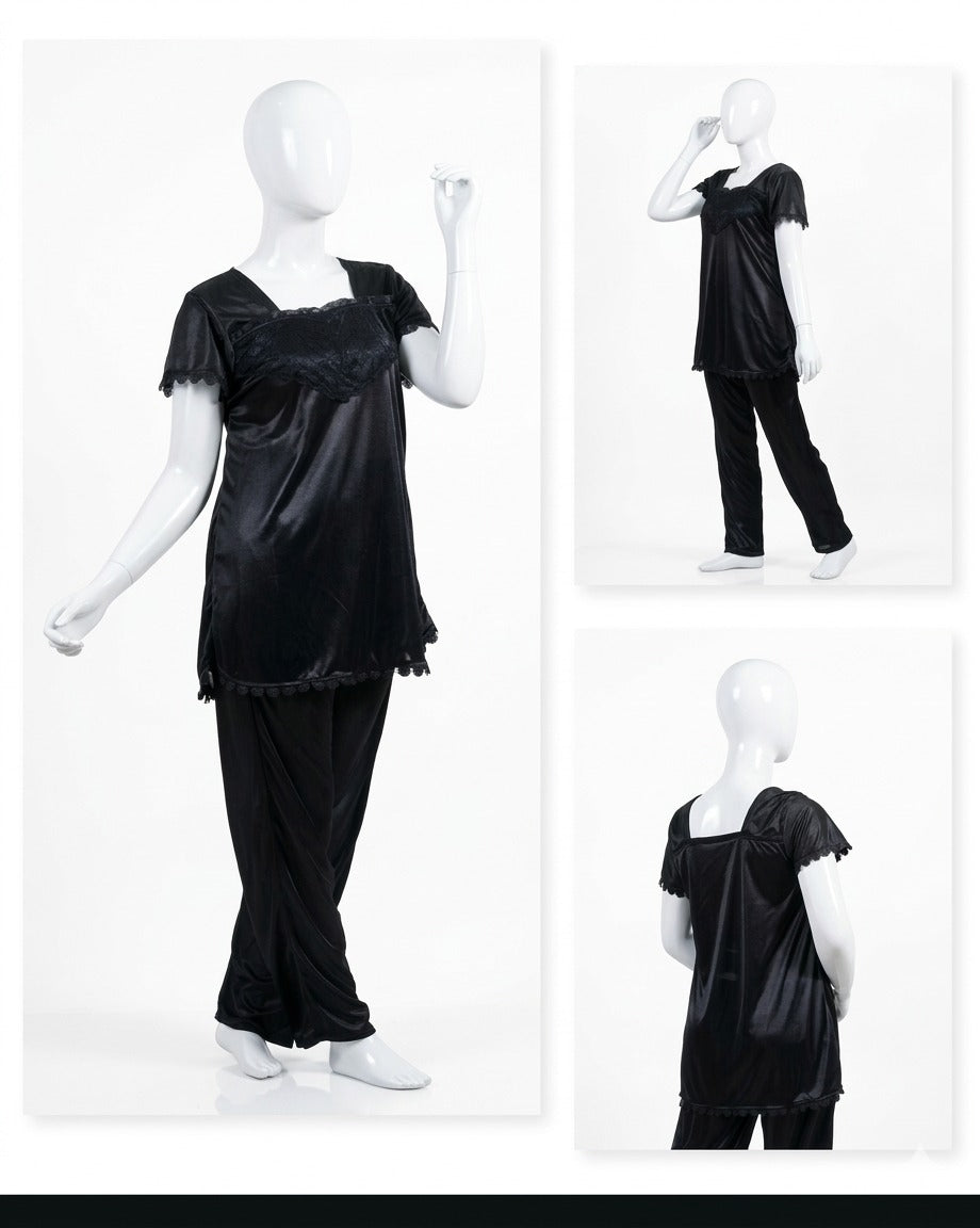 2 Pcs Premium Silk Lace Women Sleepwear Set – T-Shirt & Trouser Nightwear Soft Breathable Free Size Black