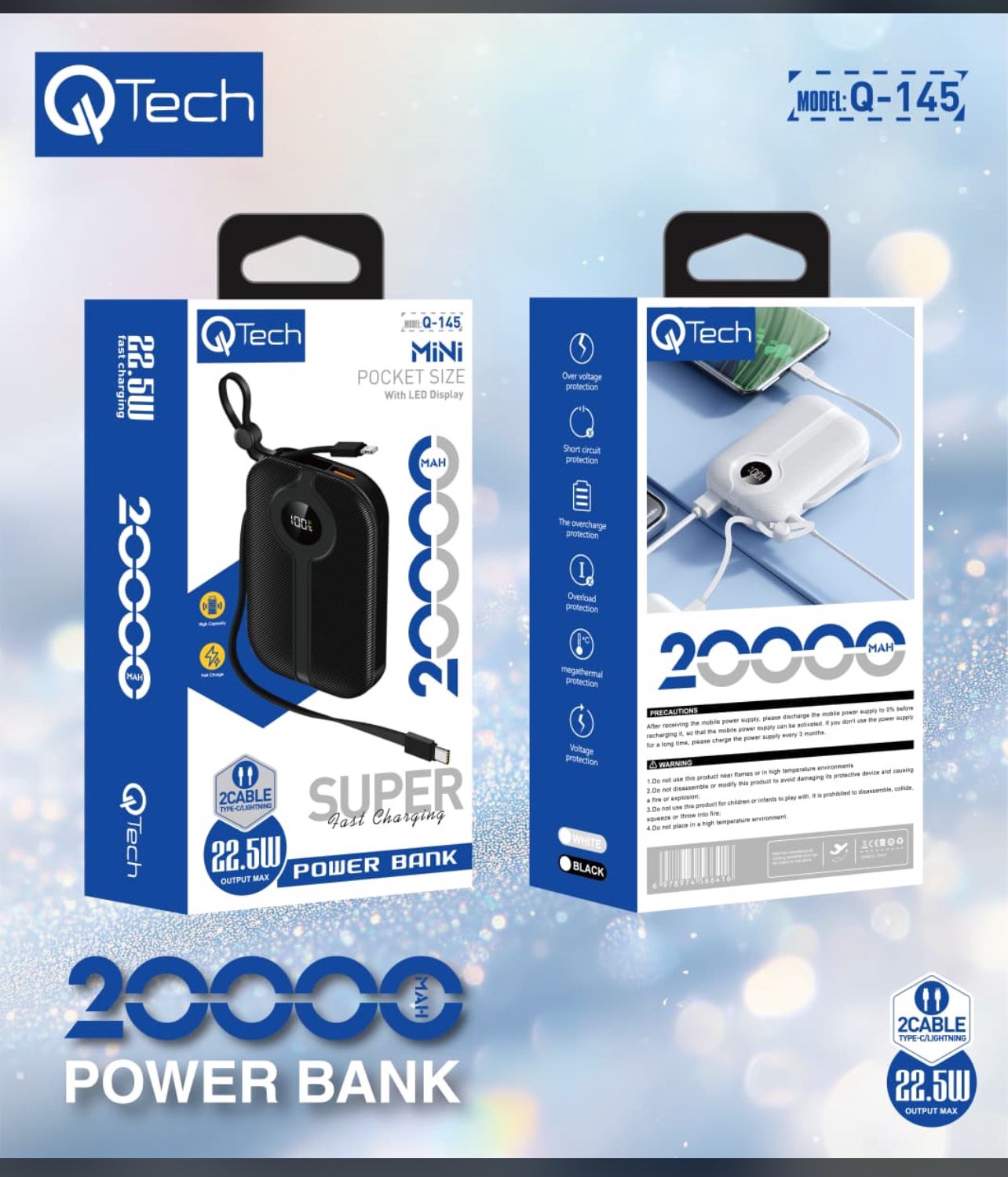Qtech 20000mAh Power Bank 22.5W PD Fast Charging – Pocket Size Portable Charger with LED Display