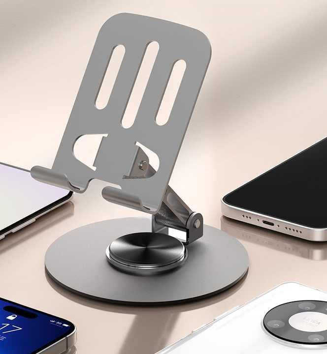 ZY034 Adjustable Desktop Mobile Phone Holder – 360° Rotating Metal ABS Phone Stand Table Mount Universal Biaxial Bracket Grey