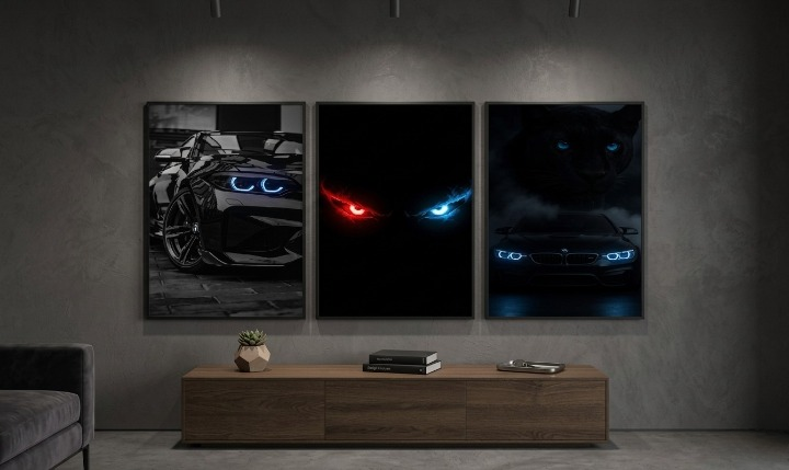 Supercar & Dark Aesthetic Neon Wall Art Set of 3 – BMW M2 Panther Gaming Room Wooden Frames 8x11 Inch