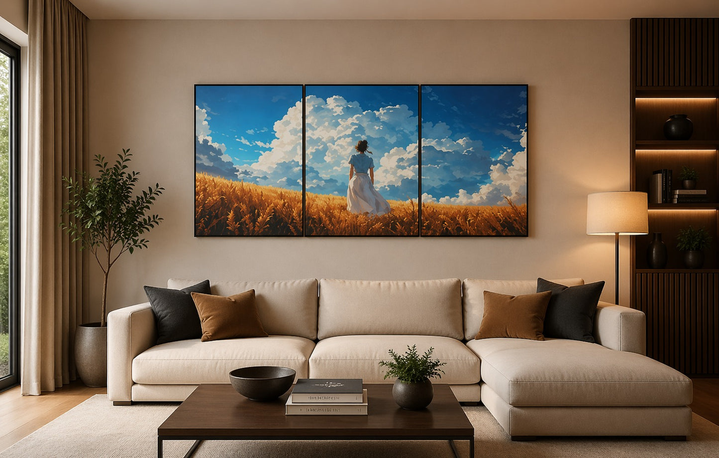Set of 3 Studio Ghibli Style Anime Wall Art Wooden Sticky Tiles – Golden Wheat Field Nature Anime Decor 24x11 Inches