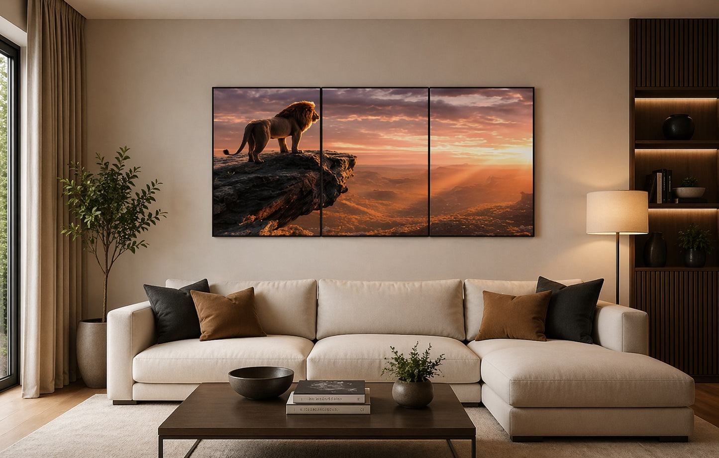 Set of 3 Majestic Lion King Sunset Wooden Wall Art Tiles – Panoramic Nature Scenery 24x11 Inches Living Room & Office Decor