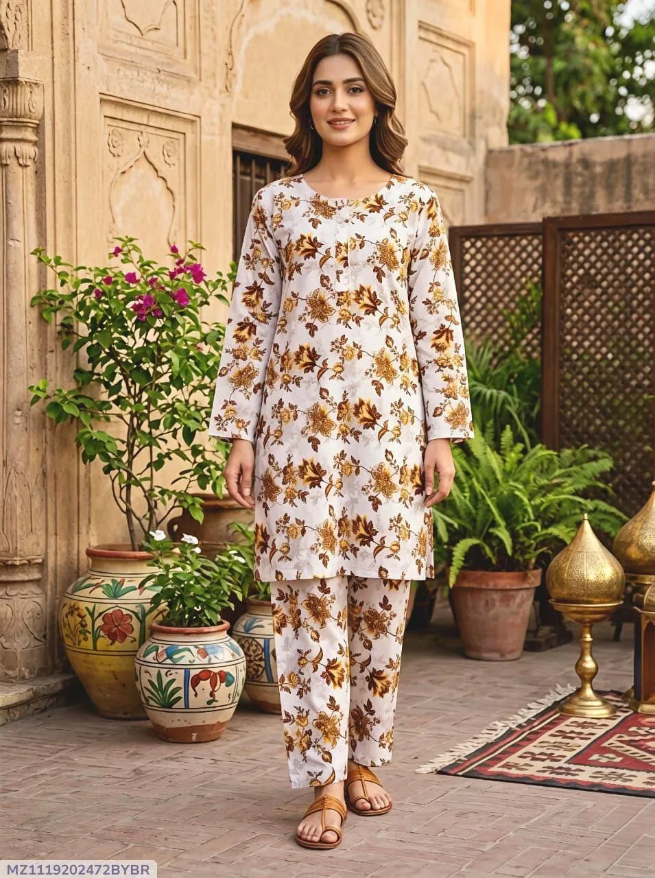 Women Cotton Lawn Floral 2-Piece Suit Medium – Printed Shirt Trouser Summer Dress