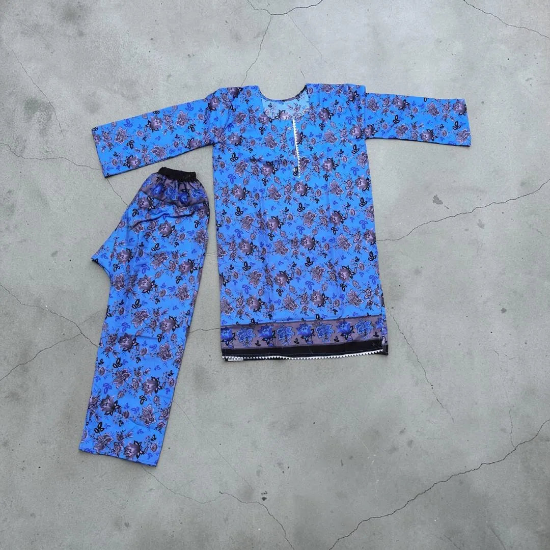 Blue Floral Cotton Lawn Kurta Pajama Set for Women Medium – Printed 2 Piece Summer Dress