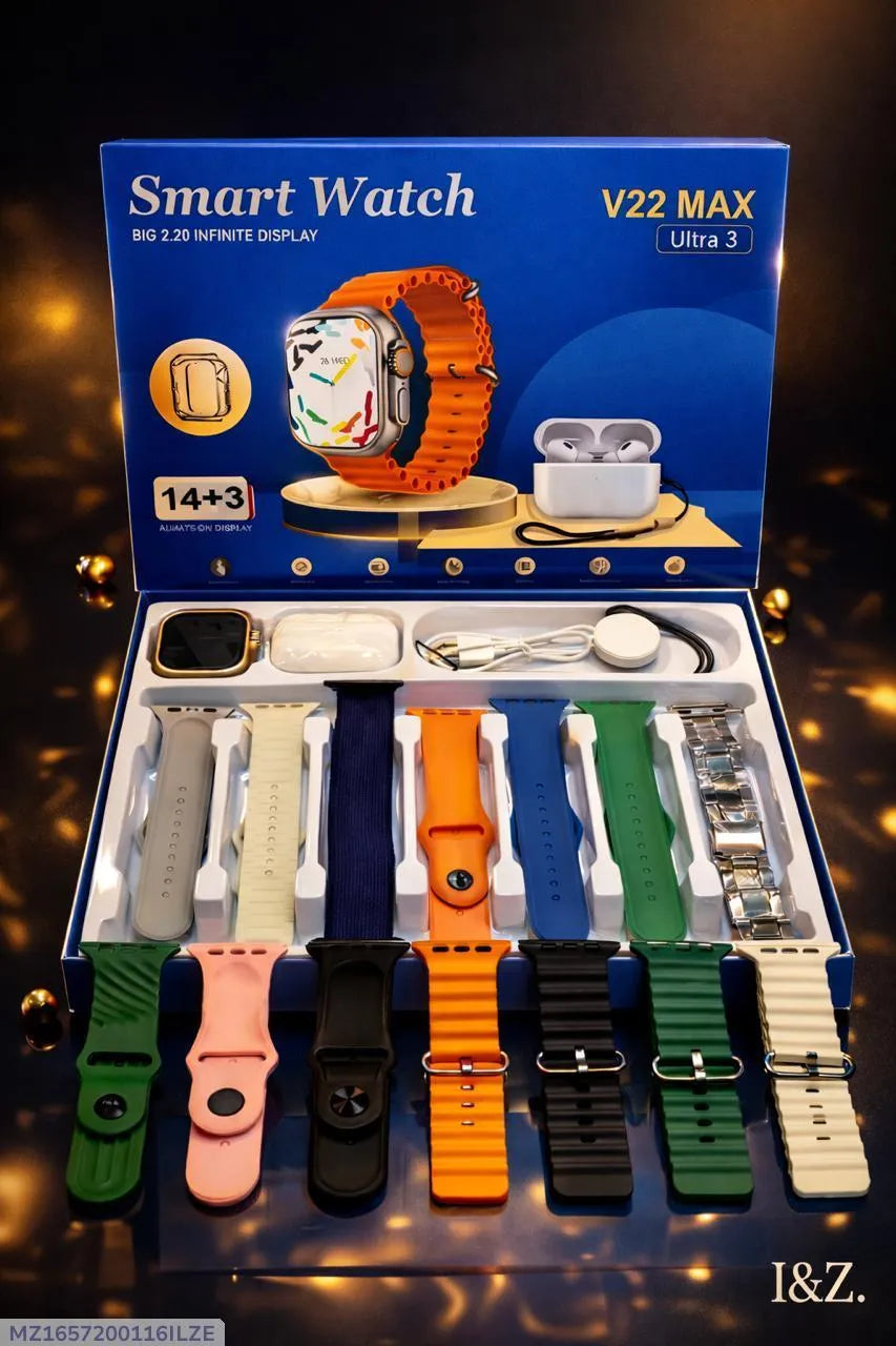 V22 MAX ULTRA Smart Watch 14+3 Straps with Earbuds & Wireless Charger – Bluetooth 5.3
