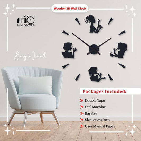 Modern Black Silhouette Wall Clock 24x24 Inch | Laser Cut Wall Clock for Home & Office Decor