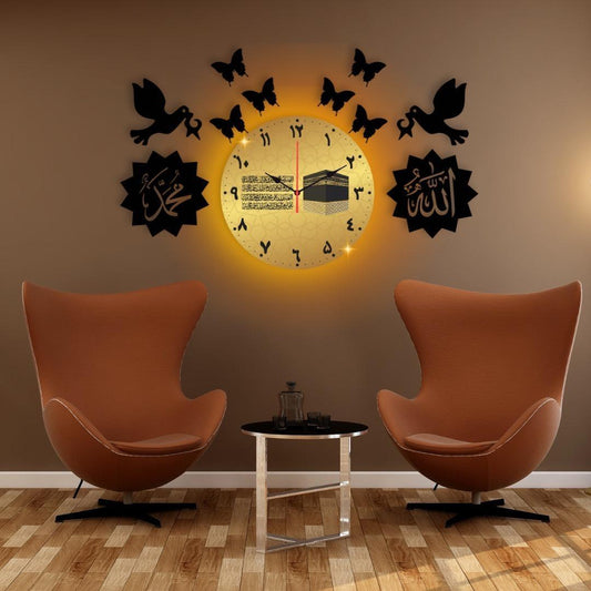 Islamic Calligraphy Wall Clock Black & Gold | Modern LED Light Wall Clock with Kaaba Design for Home Decor