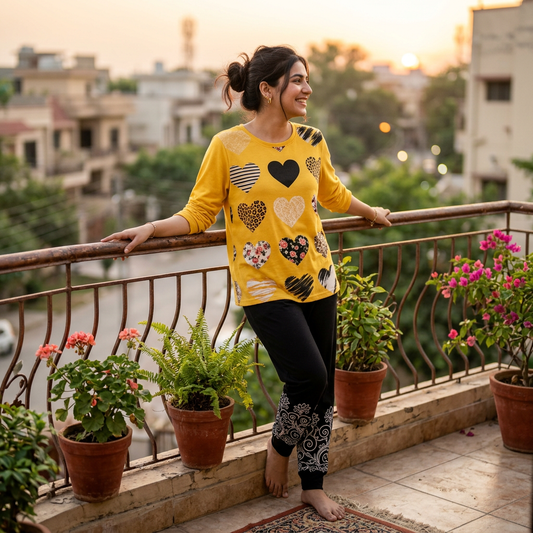 Yellow & Black Women Printed Night Suit – Soft Jersey Fabric Comfortable Sleepwear