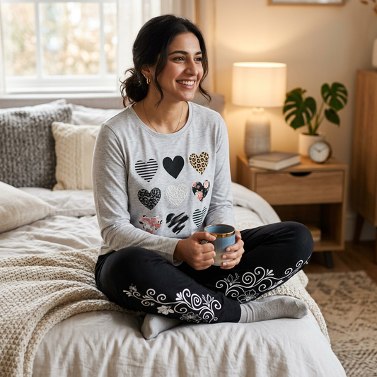 Grey & Black Women Printed Night Suit – Soft Jersey Fabric Comfortable Sleepwear