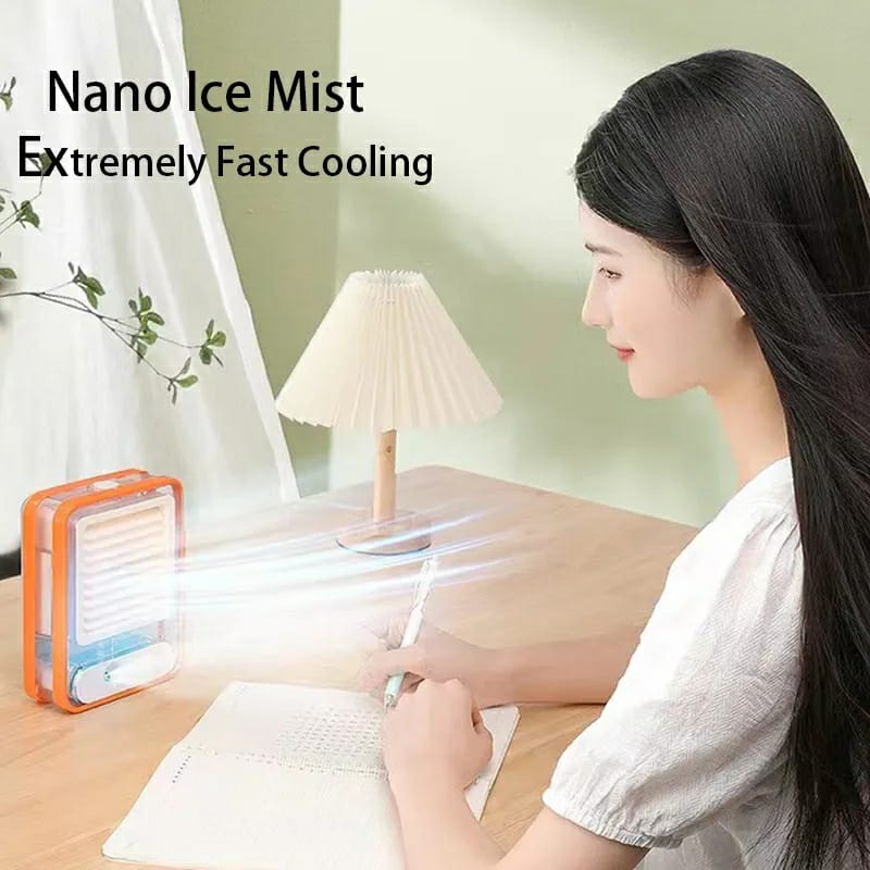 Portable USB Mini Air Cooler Fan with Mist Spray & LED Light – 3 Speed Rechargeable Desktop AC Pakistan