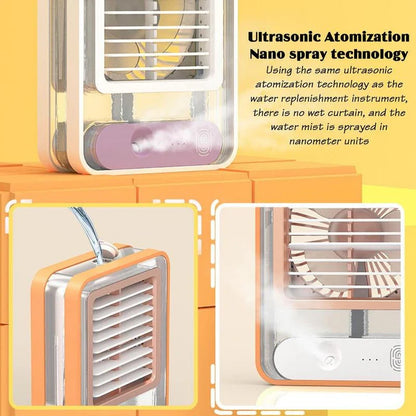 Portable USB Mini Air Cooler Fan with Mist Spray & LED Light – 3 Speed Rechargeable Desktop AC Pakistan