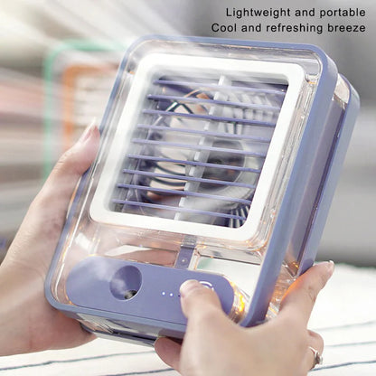 Portable USB Mini Air Cooler Fan with Mist Spray & LED Light – 3 Speed Rechargeable Desktop AC Pakistan