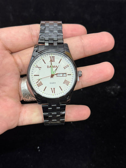 Baima Quartz Stainless Steel Wristwatch – Roman Numerals Day Date Display Elegant Silver White Dial Watch