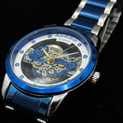 Luxury Skeleton Dial Quartz Watch for Men – Elegant Stainless Steel Silver & Gold Classic Business Wrist Watch