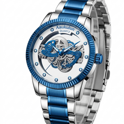 Luxury Skeleton Dial Quartz Watch for Men – Elegant Stainless Steel Silver & Gold Classic Business Wrist Watch