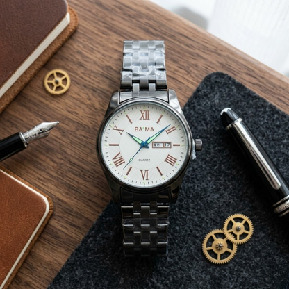 Baima Quartz Stainless Steel Wristwatch – Roman Numerals Day Date Display Elegant Silver White Dial Watch