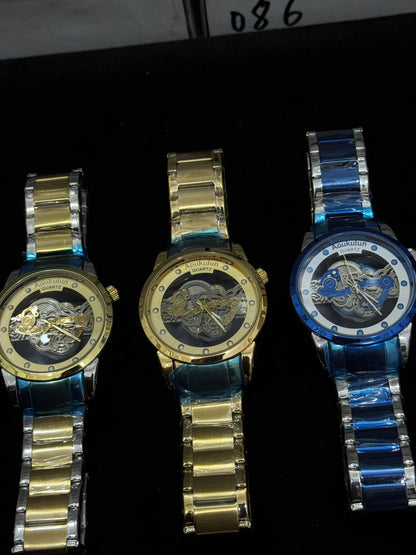 Luxury Skeleton Dial Quartz Watch for Men – Elegant Stainless Steel Silver & Gold Classic Business Wrist Watch