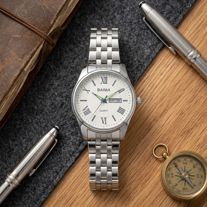 Baima Quartz Stainless Steel Wristwatch – Roman Numerals Day Date Display Elegant Silver White Dial Watch