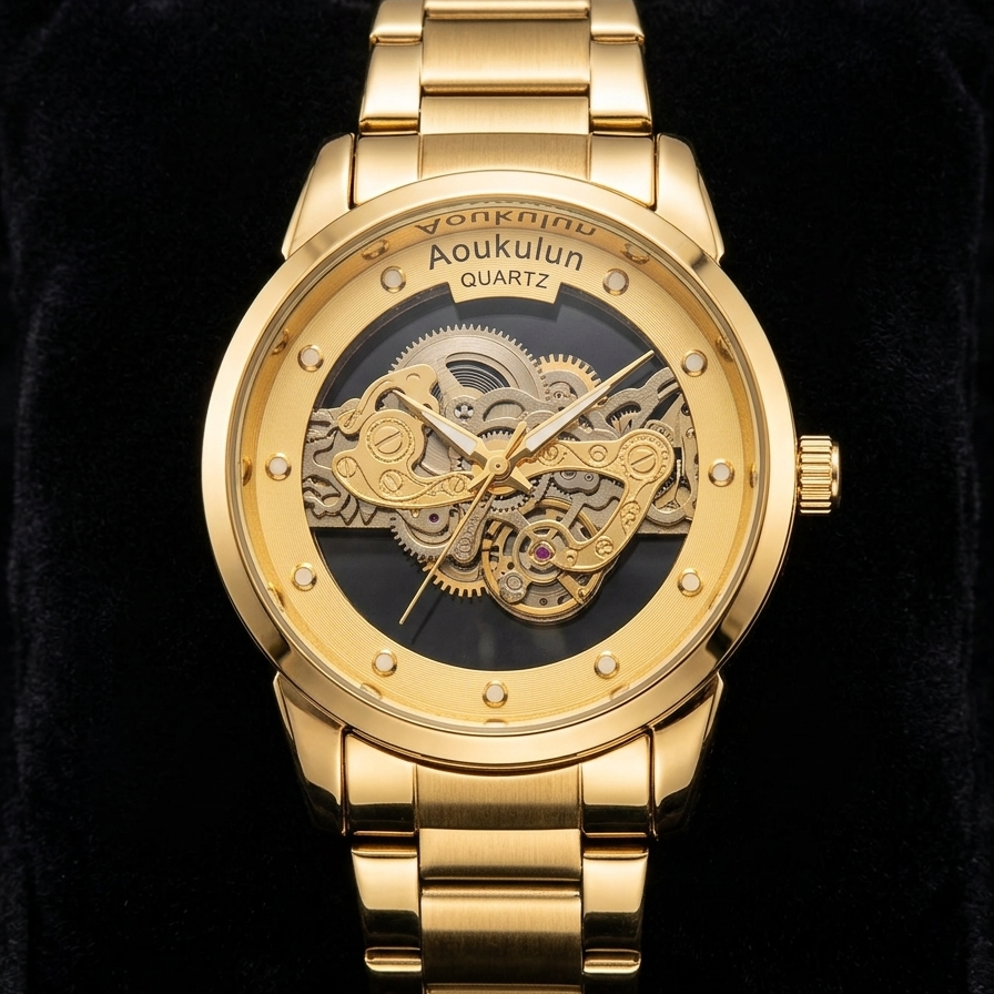 Luxury Skeleton Dial Quartz Watch for Men – Elegant Stainless Steel Silver & Gold Classic Business Wrist Watch