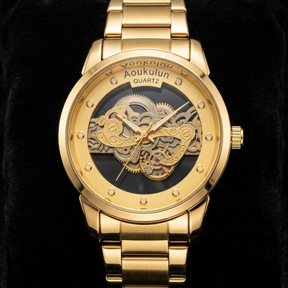 Luxury Skeleton Dial Quartz Watch for Men – Elegant Stainless Steel Silver & Gold Classic Business Wrist Watch