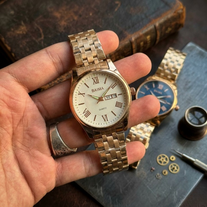 Baima Quartz Stainless Steel Wristwatch – Roman Numerals Day Date Display Elegant Silver White Dial Watch