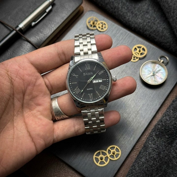 Baima Quartz Stainless Steel Wristwatch – Roman Numerals Day Date Display Elegant Silver White Dial Watch