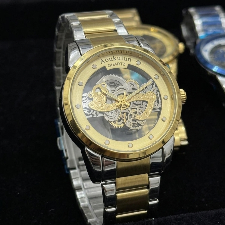 Luxury Skeleton Dial Quartz Watch for Men – Elegant Stainless Steel Silver & Gold Classic Business Wrist Watch