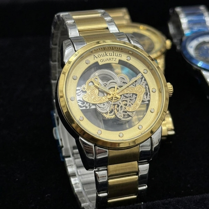 Luxury Skeleton Dial Quartz Watch for Men – Elegant Stainless Steel Silver & Gold Classic Business Wrist Watch