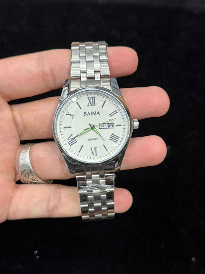 Baima Quartz Stainless Steel Wristwatch – Roman Numerals Day Date Display Elegant Silver White Dial Watch