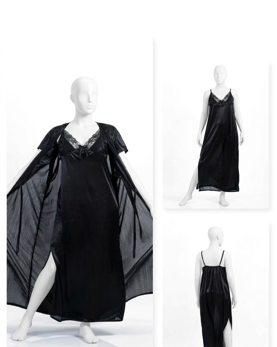2 Pcs Premium Silk Lace Women’s Sleepwear Set – Elegant Inner & Gown Nightwear Soft Breathable Black Free Size
