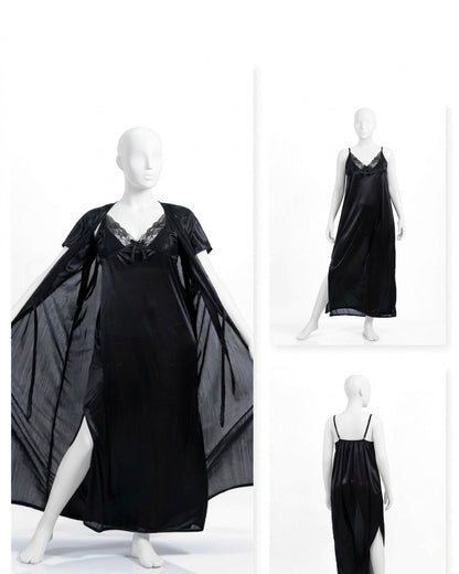 2 Pcs Premium Silk Lace Women’s Sleepwear Set – Elegant Inner & Gown Nightwear Soft Breathable Black Free Size