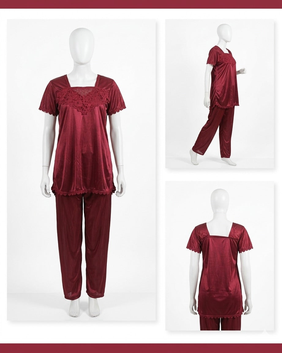 2 Pcs Premium Silk Lace Women Sleepwear Set – T-Shirt & Trouser Nightwear Soft Breathable Free Size Black