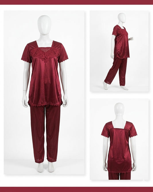 2 Pcs Premium Silk Lace Women Sleepwear Set – T-Shirt & Trouser Nightwear Soft Breathable Free Size Black