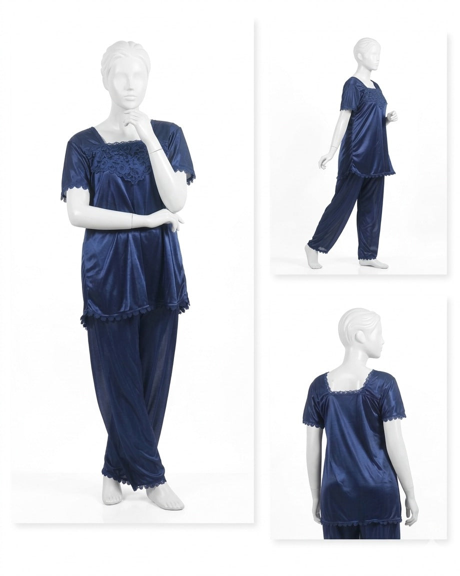 2 Pcs Premium Silk Lace Women Sleepwear Set – T-Shirt & Trouser Nightwear Soft Breathable Free Size Black