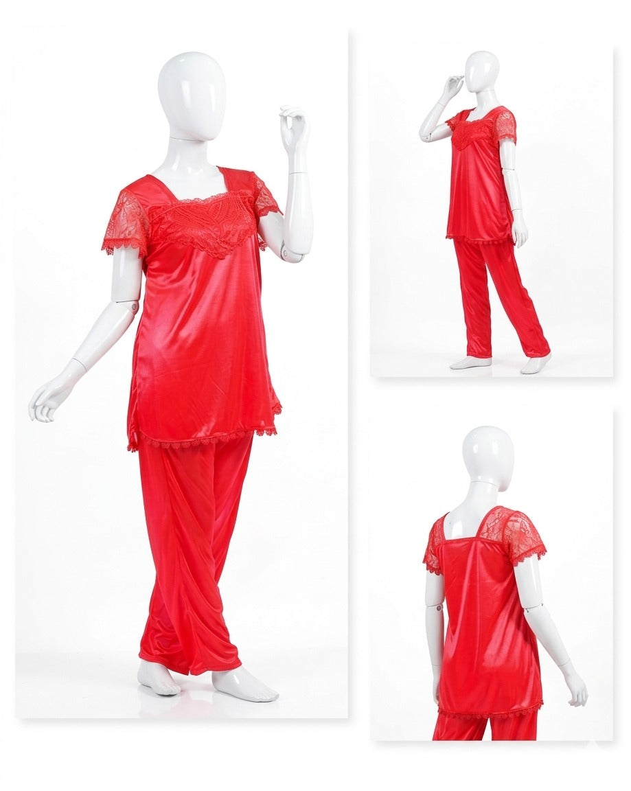 2 Pcs Premium Silk Lace Women Sleepwear Set – T-Shirt & Trouser Nightwear Soft Breathable Free Size Black