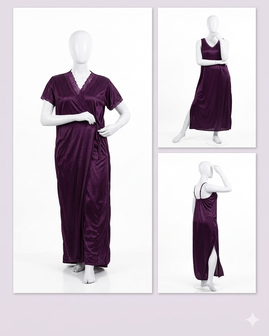 2 Pcs Premium Silk Lace Women’s Sleepwear Set – Elegant Inner & Gown Nightwear Soft Breathable Black Free Size
