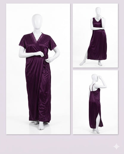 2 Pcs Premium Silk Lace Women’s Sleepwear Set – Elegant Inner & Gown Nightwear Soft Breathable Black Free Size