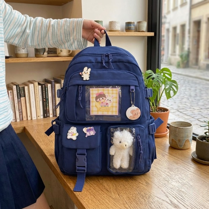 Cute Women Backpack Multi Pocket Canvas School Bag for Teenage Girls Student Travel Backpack Blue