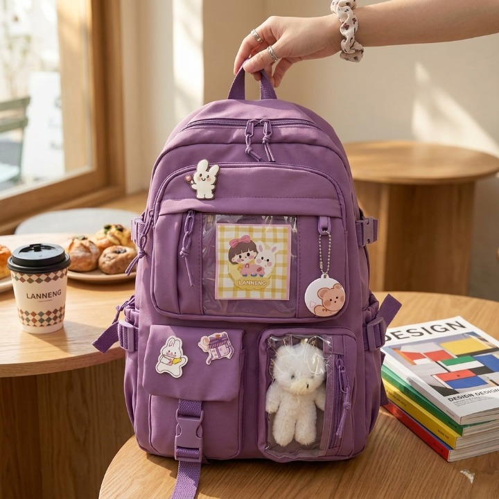 Cute Women Backpack Multi Pocket Canvas School Bag for Teenage Girls Student Travel Backpack Blue