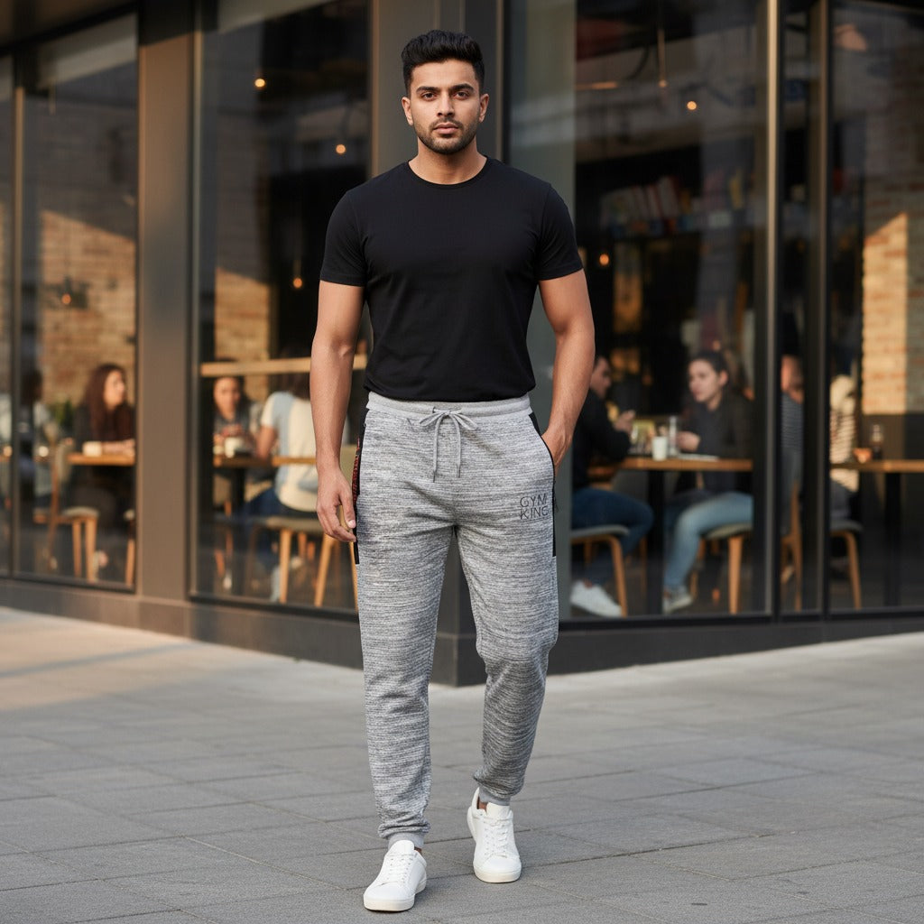 GYM KING Men’s Jogger Trousers – Premium French Terry Slim Fit Sweatpants Grey Melange Gym & Casual Wear