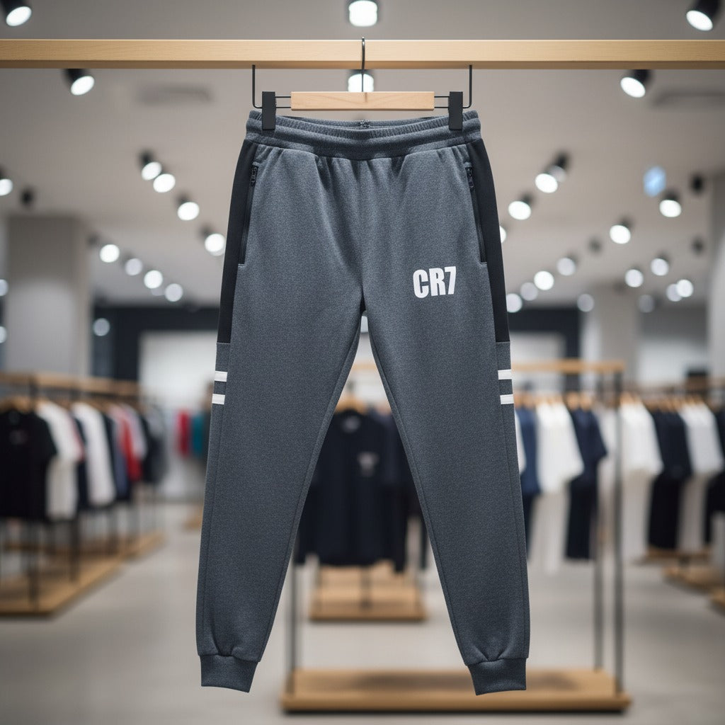 CR7 Zipper Trouser for Men – Premium French Terry Joggers Adjustable Waist 28 to 34 Inches