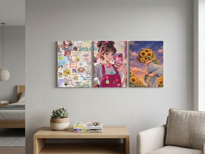 Cute Aesthetic Anime Girl & Sunflower Wooden Wall Art Set of 3 – Kawaii Room Decor Sticky Tiles 8x11 Inch