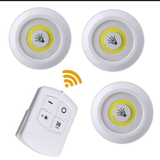 Pack of 3 LED Remote Control Tap Lights with Self Adhesive for Cabinet Kitchen Wardrobe