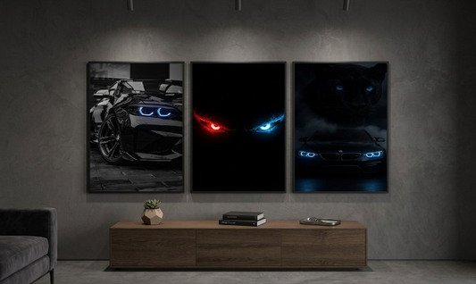 Supercar & Dark Aesthetic Neon Wall Art Set of 3 – BMW M2 Panther Gaming Room Wooden Frames 8x11 Inch