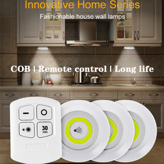 Pack of 3 LED Remote Control Tap Lights with Self Adhesive for Cabinet Kitchen Wardrobe