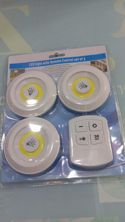 Pack of 3 LED Remote Control Tap Lights with Self Adhesive for Cabinet Kitchen Wardrobe