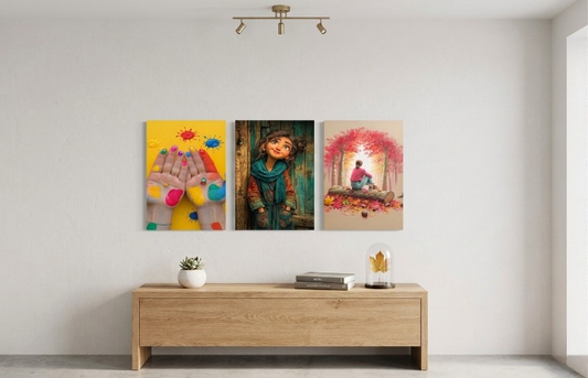 Colorful Artistic Kids & Nature Wooden Wall Art Set of 3 – Aesthetic Autumn Paint Decor Frames 8x11 Inch
