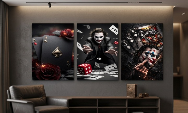 Joker & Casino Cards Dark Aesthetic Wooden Wall Art 3 Pcs Set – Poker Theme Luxury Gaming Room Decor 8x11 Inch