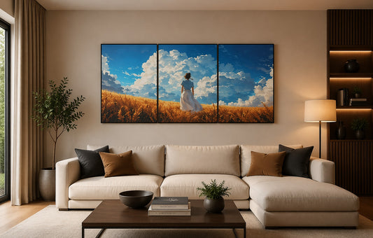 Set of 3 Studio Ghibli Style Anime Wall Art Wooden Sticky Tiles – Golden Wheat Field Nature Anime Decor 24x11 Inches